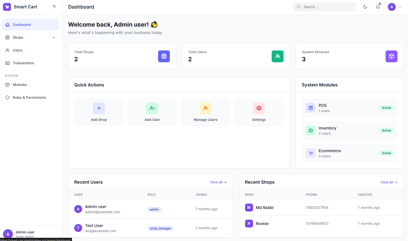 Smart Cart POS dashboard