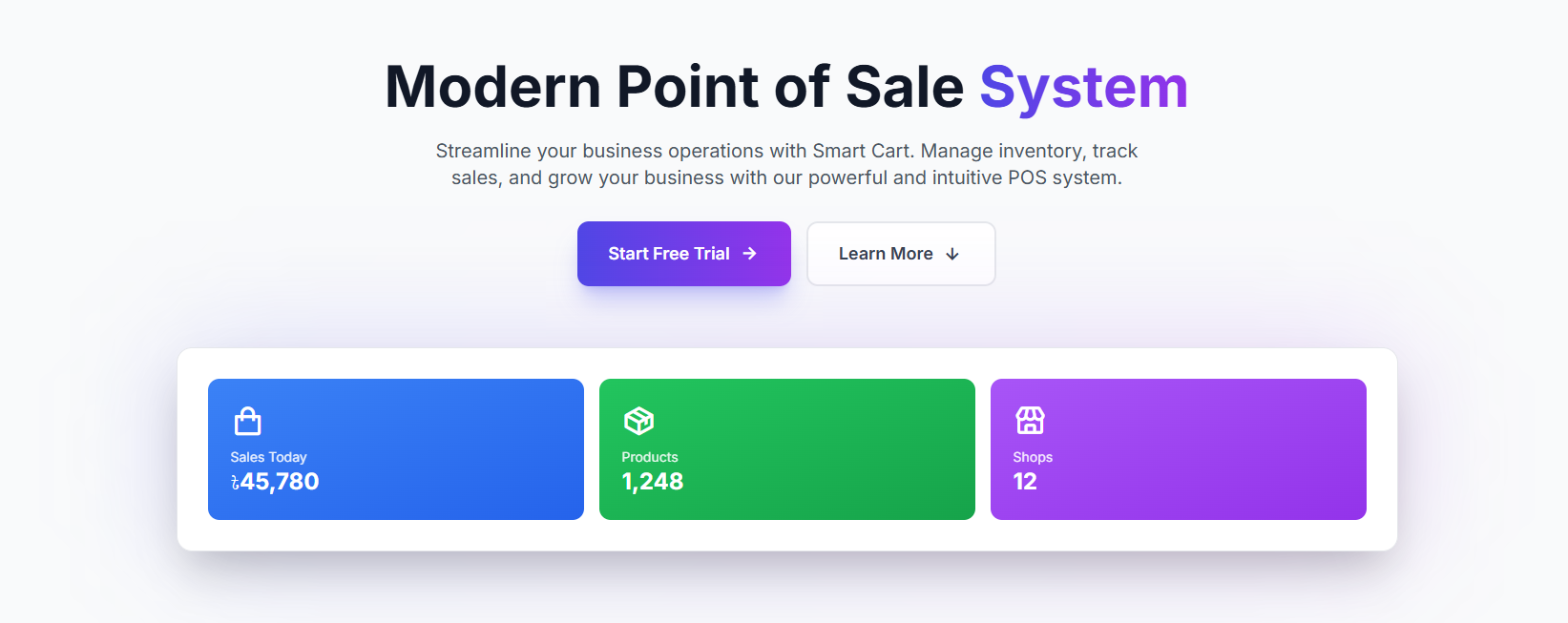 Smart Cart POS platform landing page for retail shop management